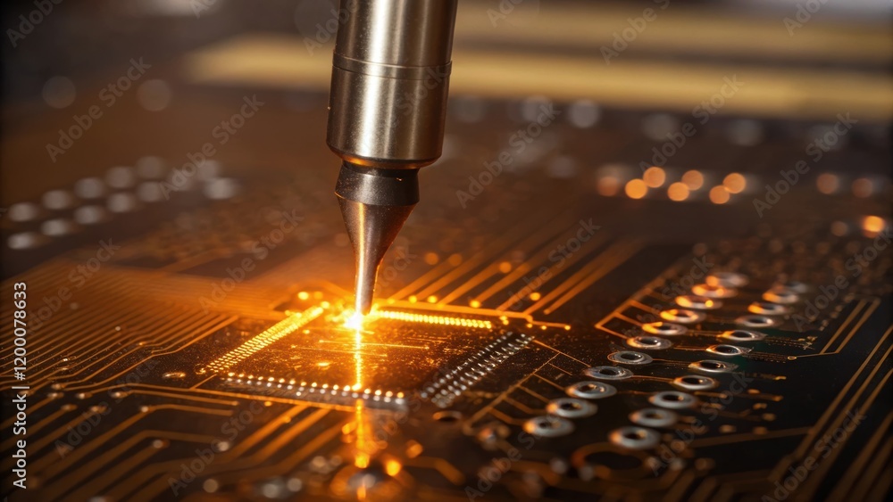 Leinwandbilder A closeup of a soldering process where molten solder is precisely applied to secure a small microchip onto a printed circuit board with glowing amber light reflecting the heat.