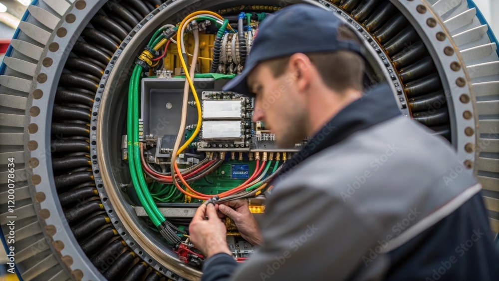 Aufkleber a closeup of a technician examining the intricate wiring and electronics inside the turbines nacelle