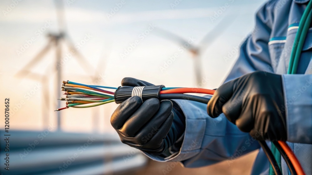 Poster A closeup of a technician wearing gloves while handling intricate wiring with a soft focus on the background highlighting the turbines rotor blades.