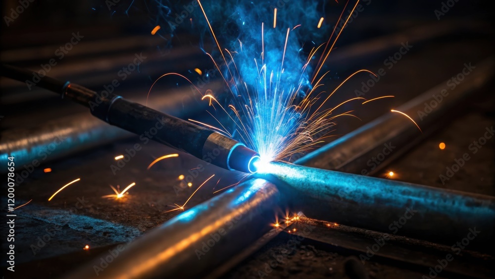 Poster a closeup of a welding torch in action bright blue sparks and molten metal visible creating a captiv