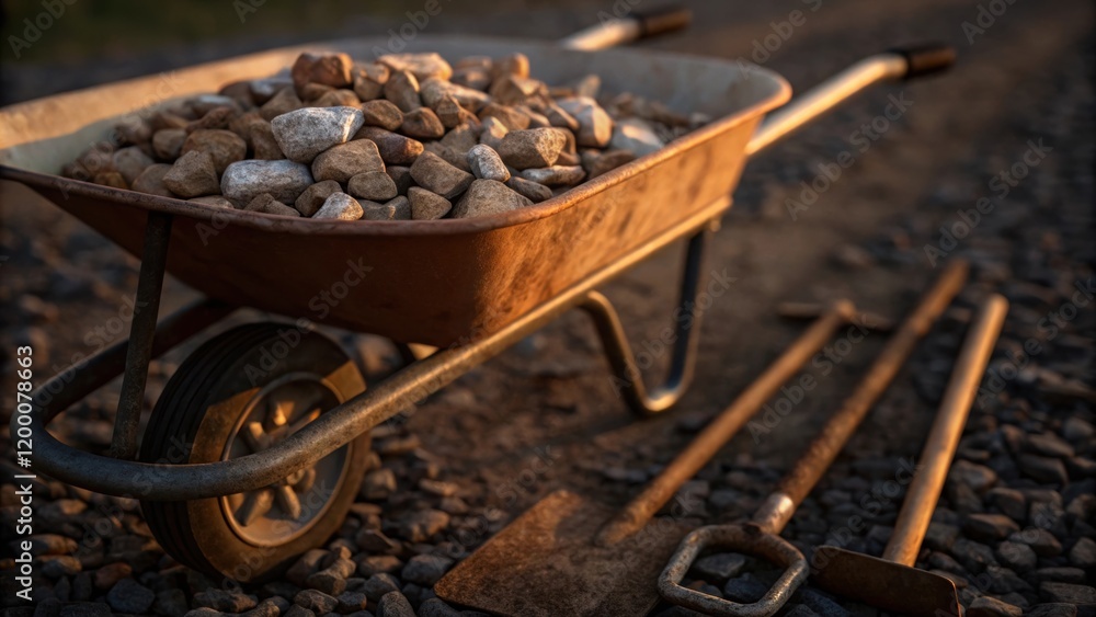 Poster a closeup of a wheelbarrow filled with ballast stones rusted tools lying nearby on the ground captur