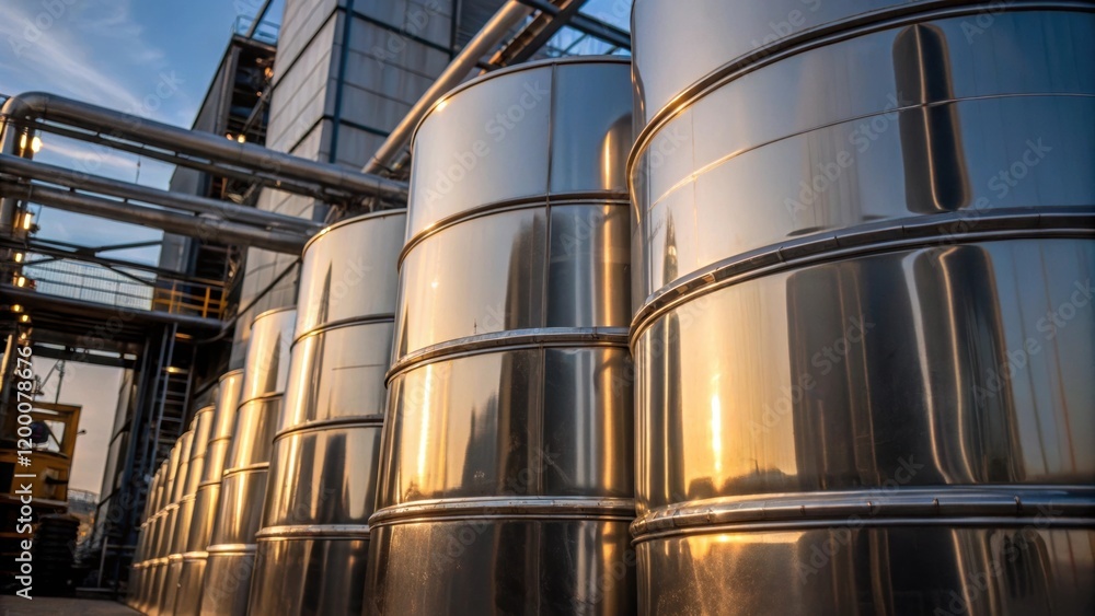 Poster a closeup of a stack of large steel storage tanks their gleaming surfaces reflecting the surrounding