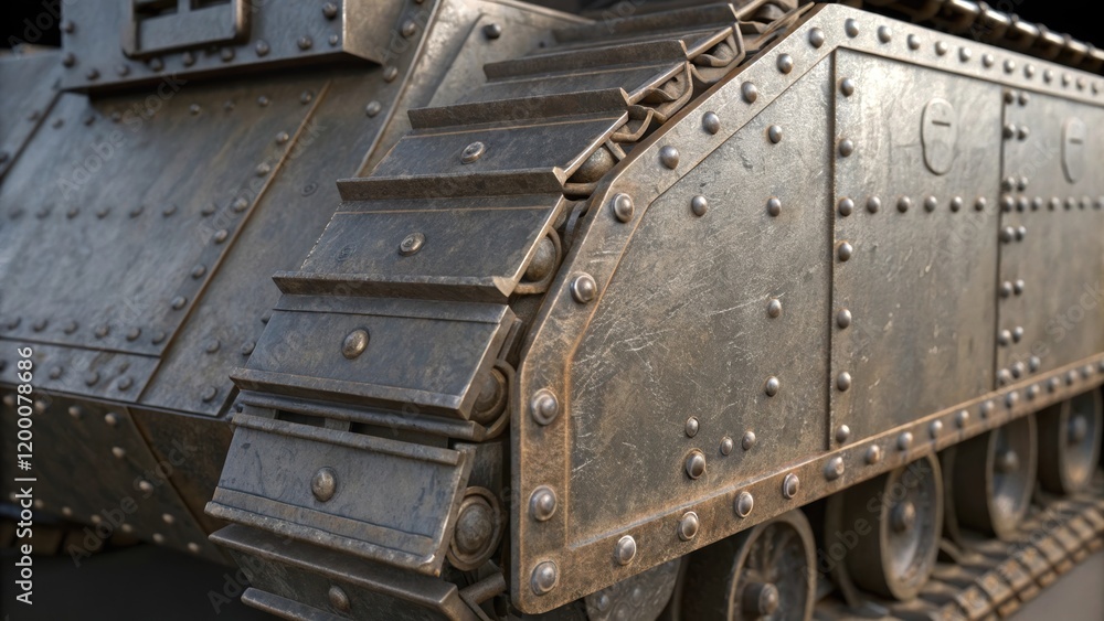 Aufkleber a closeup of a textured metal surface of a partially assembled tank highlighting the rivets and seam
