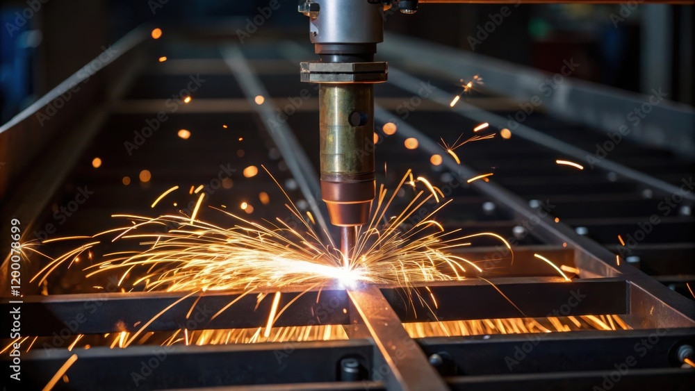 Poster a closeup of a welding torch in action with sparks flying as workers fabricate metal components cruc