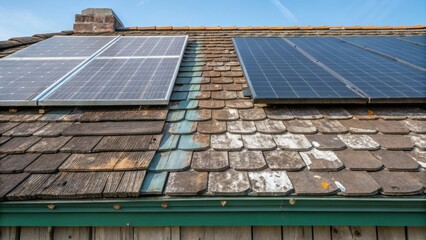A closeup of a weathered rooftop adapted for solar panel installation highlighting the contrasting textures between old materials and new technology.