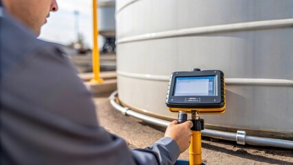 A closeup of a technician inspecting the base of a storage tank for signs of leaks using specialized detection equipment.