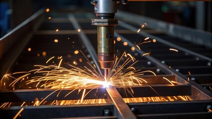 A closeup of a welding torch in action with sparks flying as workers fabricate metal components crucial for the biogas digesters.
