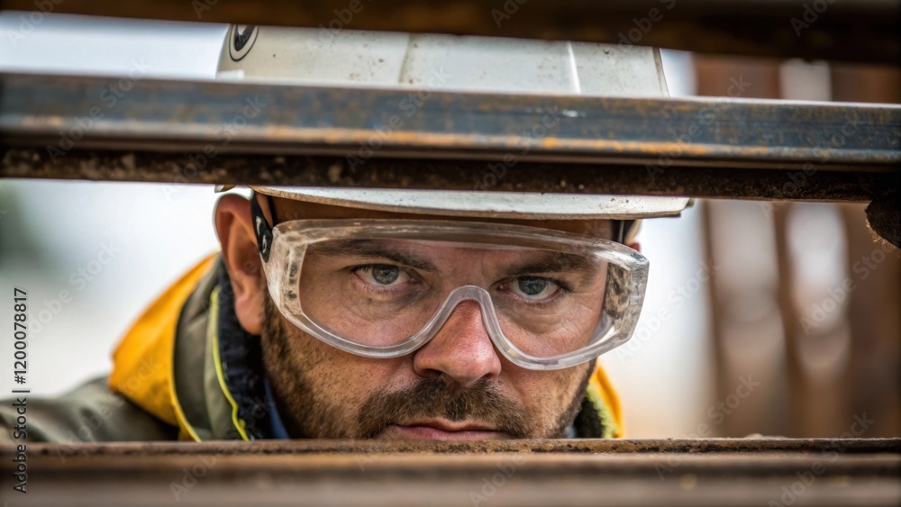 Leinwandbilder a closeup of a workers face covered by a safety helmet and goggles displaying concentration and dete