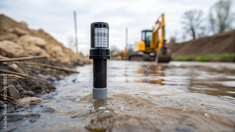 Poster A closeup of a water turbidity sensor submerged in a stream with a blurred view of construction equipment in the background causing runoff concerns.