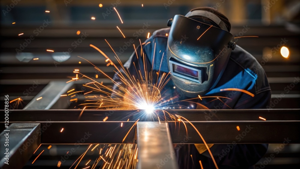 Poster A closeup of a welding torch igniting sparks as a technician fuses metal components to ensure structural integrity in the crane assembly process.