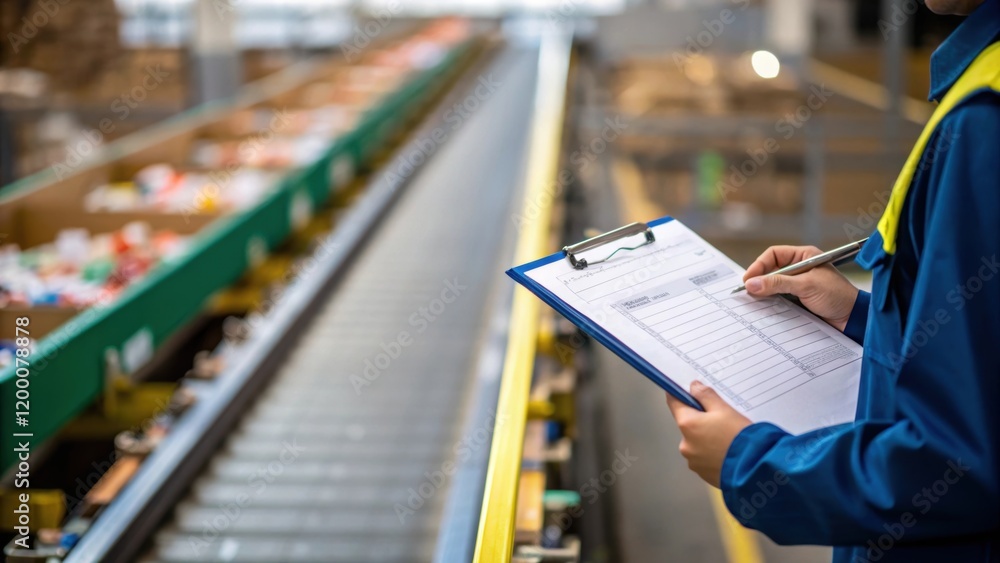Poster A closeup of a worker holding a clipboard filled with inspection notes standing next to a heavily loaded conveyor system.