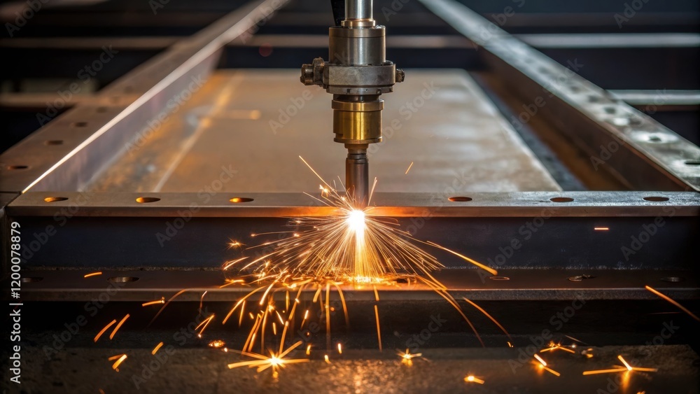 Leinwandbilder a closeup of a welding torch igniting sparks as two heavy steel plates are being joined together on 