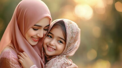 Obraz premium Unity and Diversity, Mother and Dauther Embracing Cultural Identity in Hijabs. World Hijab day concept, February 1