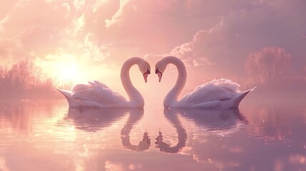 Fototapeta premium Two beautiful white swans are creating a perfect heart shape with their necks, reflected on the calm water of a lake, during a colorful sunset, conveying love, romance, and tenderness