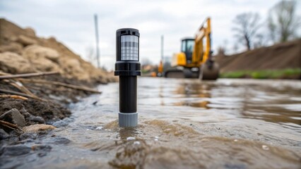 A closeup of a water turbidity sensor submerged in a stream with a blurred view of construction equipment in the background causing runoff concerns.