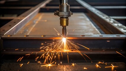 A closeup of a welding torch igniting sparks as two heavy steel plates are being joined together on a platform emphasizing the precision and safety protocols in construction.