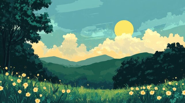 Serene landscape painting of rolling hills and wildflowers.