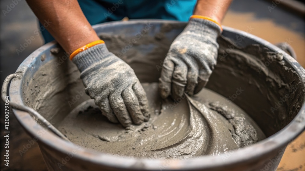 Poster A closeup of a workers gloved hands mixing concrete in a bucket emphasizing the manual effort behind constructing secure underground facilities.