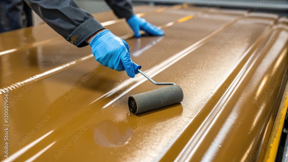 Poster a closeup of a workers gloved hand smoothing out the anticorrosion coating with a roller capturing t