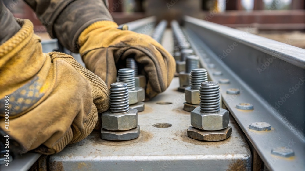 Poster a closeup of a workers gloves tightening bolts on a modular bridge section showcasing the intricate 