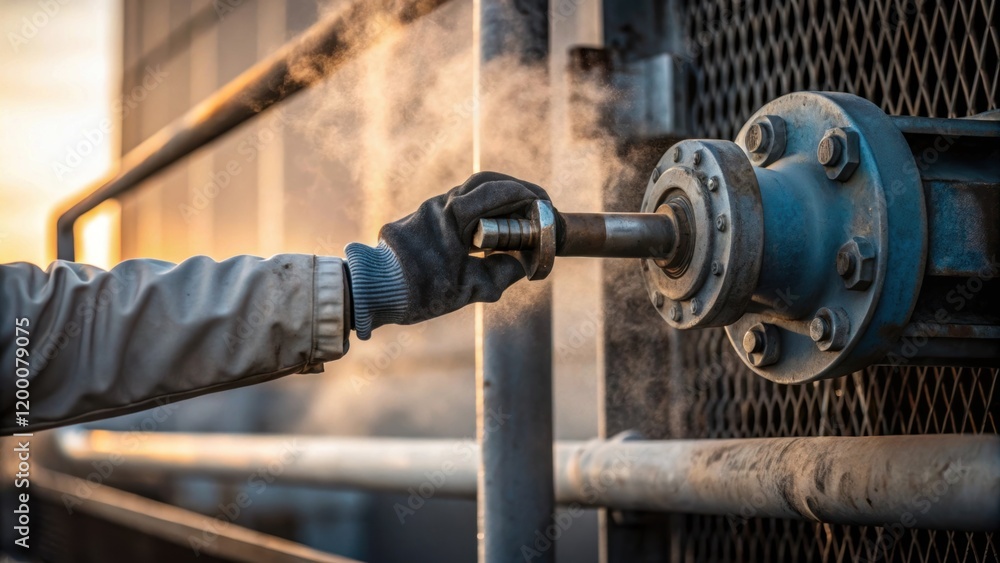 Aufkleber a closeup of a workers gloved hand adjusting a valve on the side of a cooling tower showing signs of