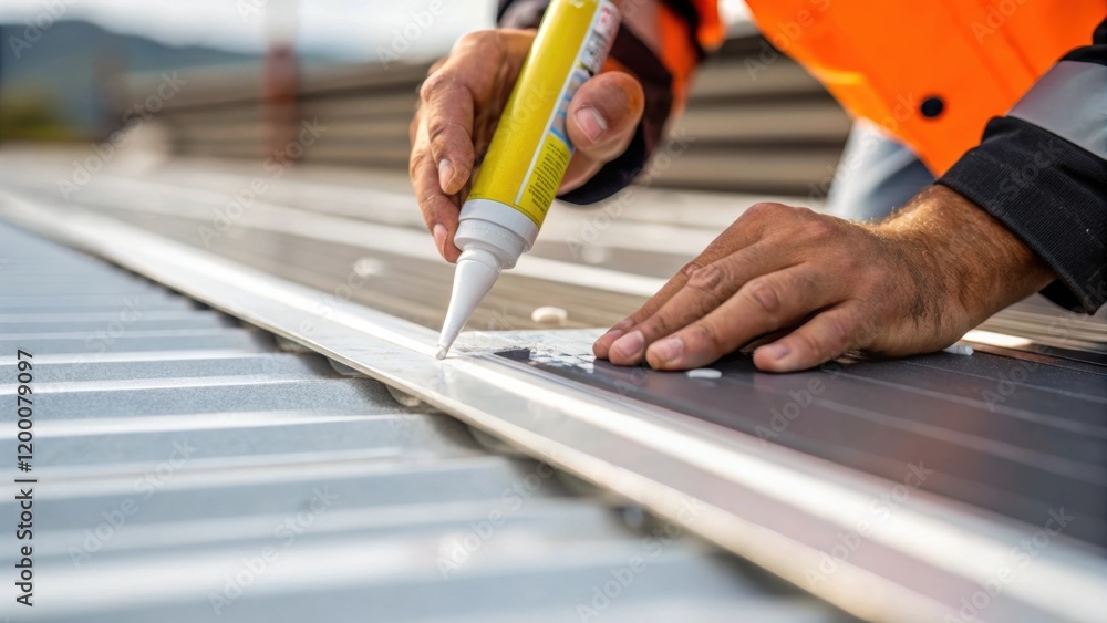 Poster A closeup of a workers hands applying adhesive to a composite material used in renewable infrastructure showcasing the precision and care involved in the process.