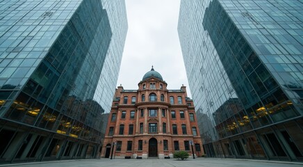 Naklejka premium Historic Architecture Set Amidst Urban Glass Giants: A Unique Perspective