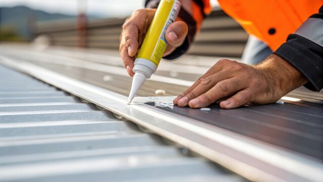 A closeup of a workers hands applying adhesive to a composite material used in renewable infrastructure showcasing the precision and care involved in the process.