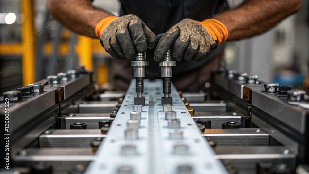 Poster A closeup of a worker tightening bolts on a robotic conveyor module with greasy hands and focused expressions emphasizing the meticulous nature of the task.