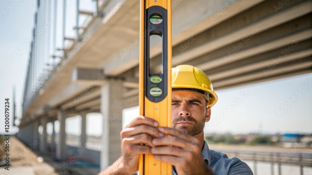 Poster A closeup of a worker wearing a hard hat holding a level tool against a vertical beam ensuring that the structure is perfectly aligned during the erection of the flyover.