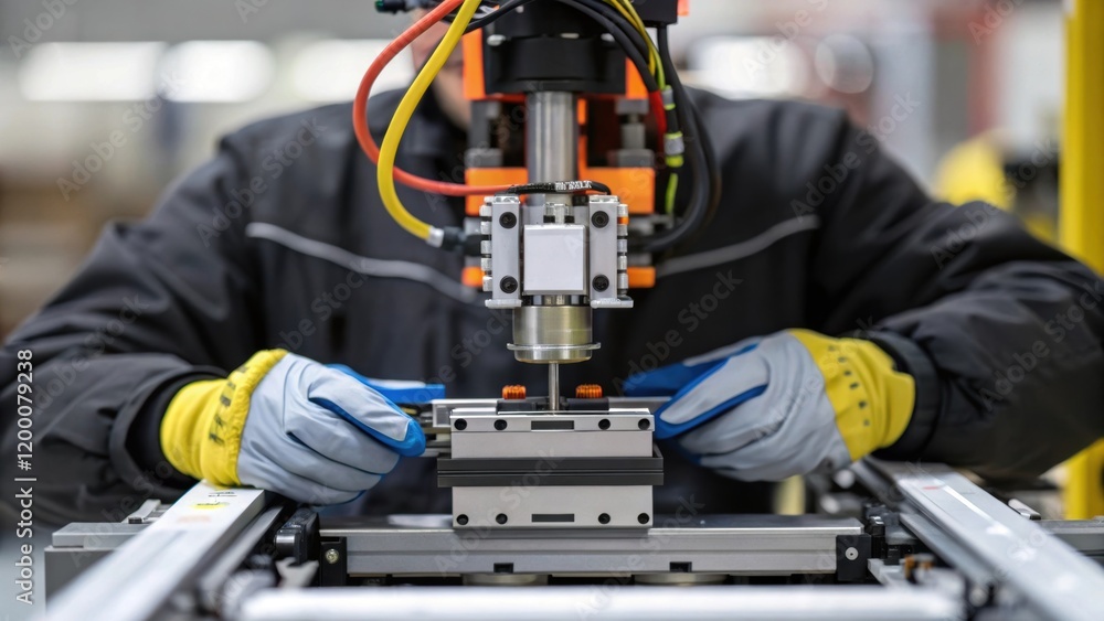 Poster A closeup of a worker wearing protective gloves adjusting sensors on a robotic palletizer featuring the intricate wiring and mechanical parts of the automation.