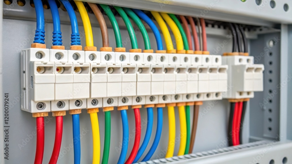 Poster A closeup of colorful electrical wiring being organized inside a modular unit focusing on the neat arrangement and connectivity that ensures safety and efficiency.