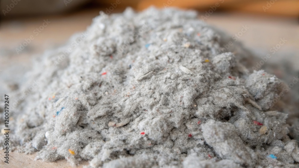 Aufkleber A closeup of cellulose insulation made from recycled paper displaying a handful of the gray fluffy material with specks of color from additives.