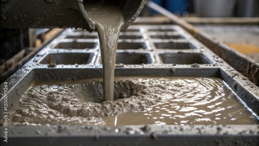 Poster A closeup of concrete being poured from a mixer into molds with splashes and the wet texture of the mixture capturing the action of construction.