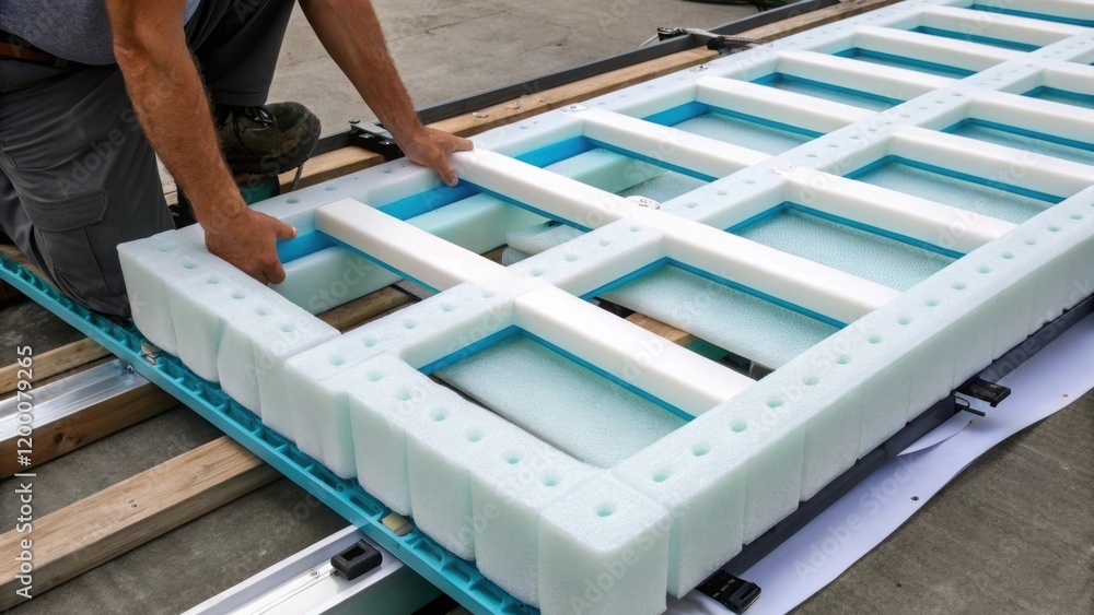 Aufkleber A closeup of buoyant foam sections being fitted into the rigid dock frame illustrating the assembly process and material contrasts.