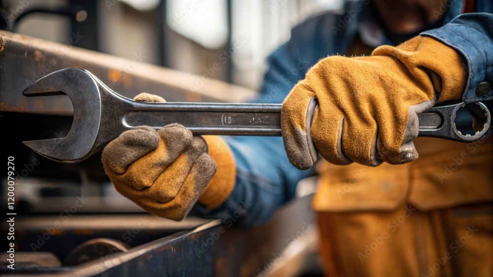 Poster a closeup of construction gloves gripping a large wrench as a worker adjusts a piece of machinery em