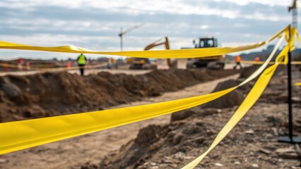 A closeup of bright yellow caution tape fluttering in the wind strung around the excavation site to signal safety hazards to pedestrians and vehicles.