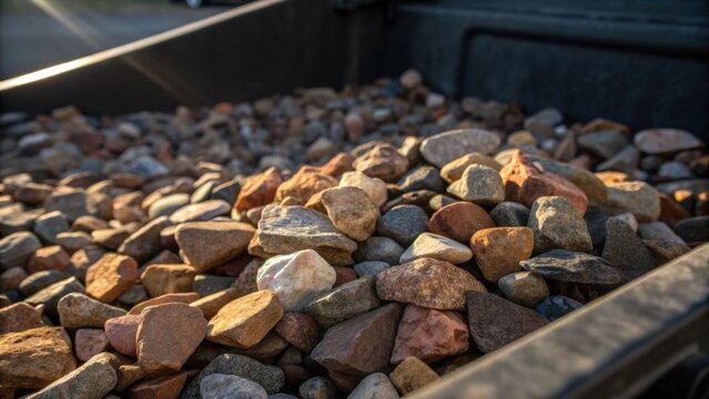 A closeup of ballast stones spilling from a truck bed with shards of sunlight highlighting the angular shapes and colors of the stones.
