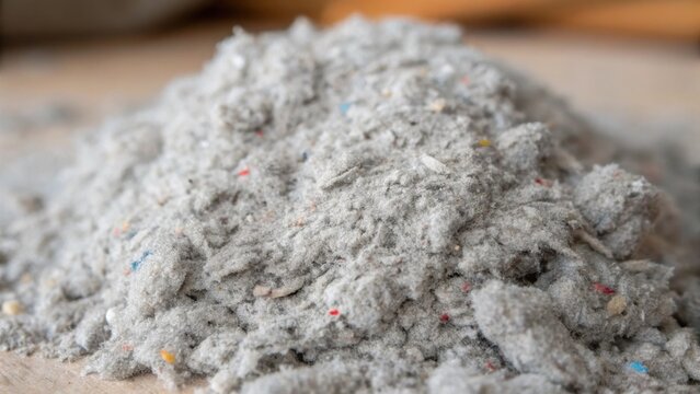 A closeup of cellulose insulation made from recycled paper displaying a handful of the gray fluffy material with specks of color from additives.