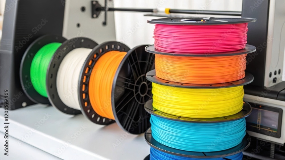 Poster a closeup of filament spools in vibrant colors stacked neatly beside an industrial printer highlight