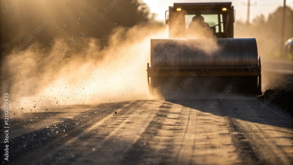 Poster A closeup of dust particles in sunlight as a steamroller compresses the ground showing the dusty environment created during the roadbuilding process.