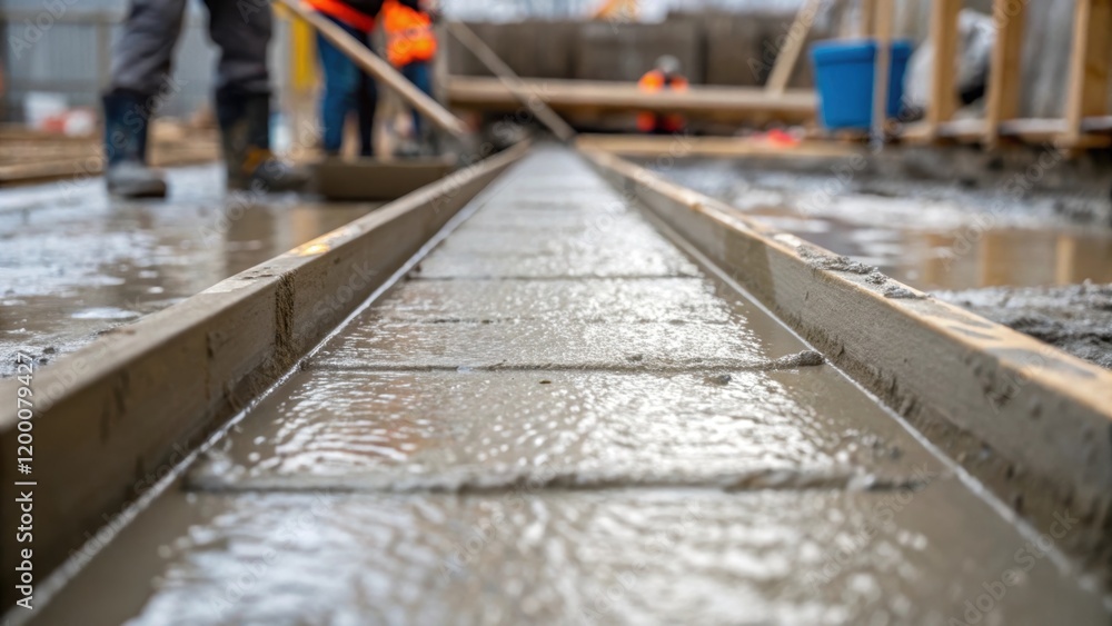 Poster a closeup of freshly poured concrete being shaped into a barrier mold showcasing the texture of the 