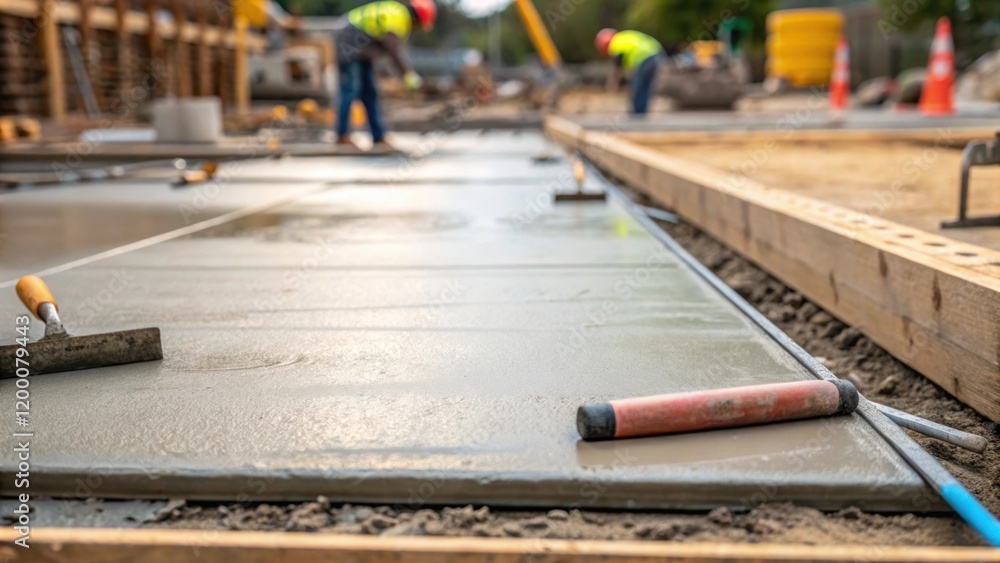Aufkleber A closeup of freshly poured concrete forming the foundation of the loading platform with trowels and other tools tered emphasizing the construction process.
