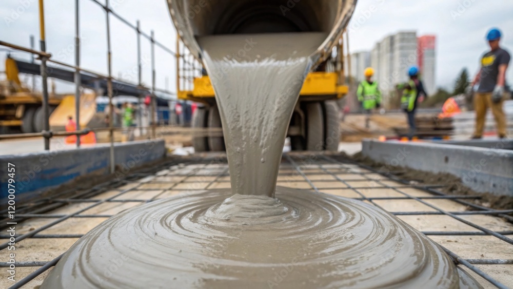 Poster A closeup of freshly mixed concrete being poured from the mixer showcasing its smooth texture and rich gray color against the backdrop of a construction site.