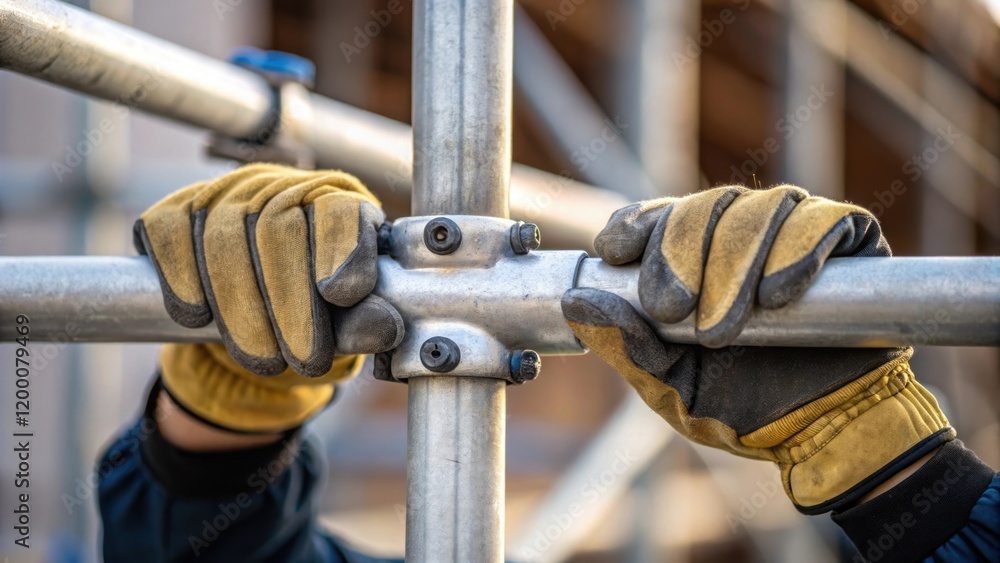 Poster A closeup of gloved hands gripping a scaffolding pipe showing the strength and precision required to secure the structure.