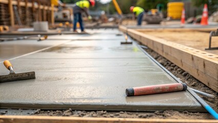 Obraz premium A closeup of freshly poured concrete forming the foundation of the loading platform with trowels and other tools tered emphasizing the construction process.