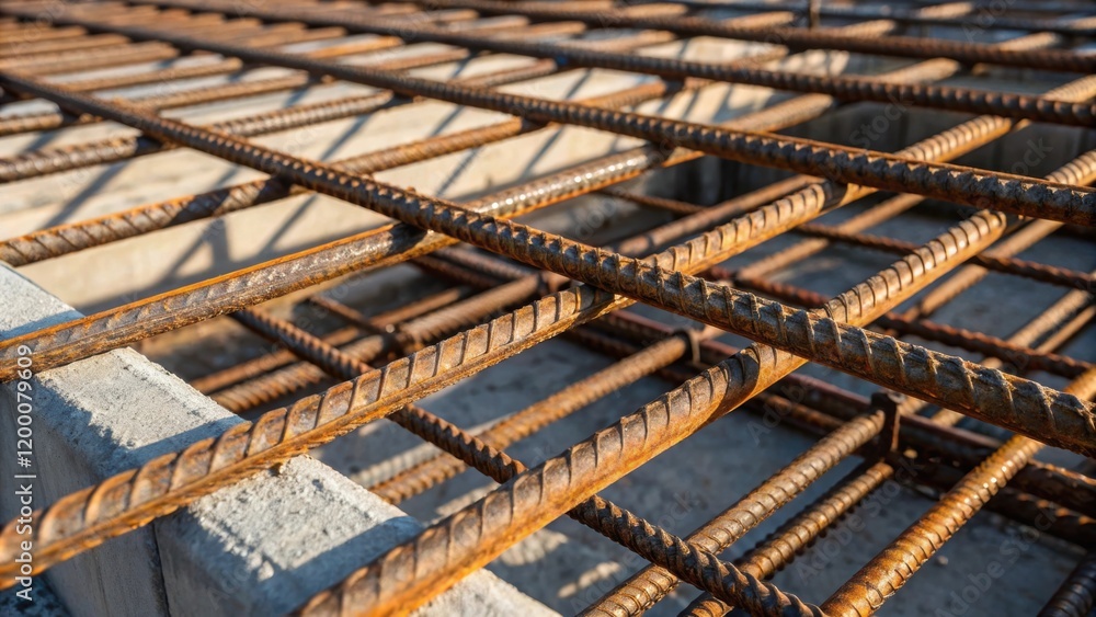 Aufkleber A closeup of intertwined rebar sections showcasing the complexity of the assembly and the strength it provides to the concrete structure.