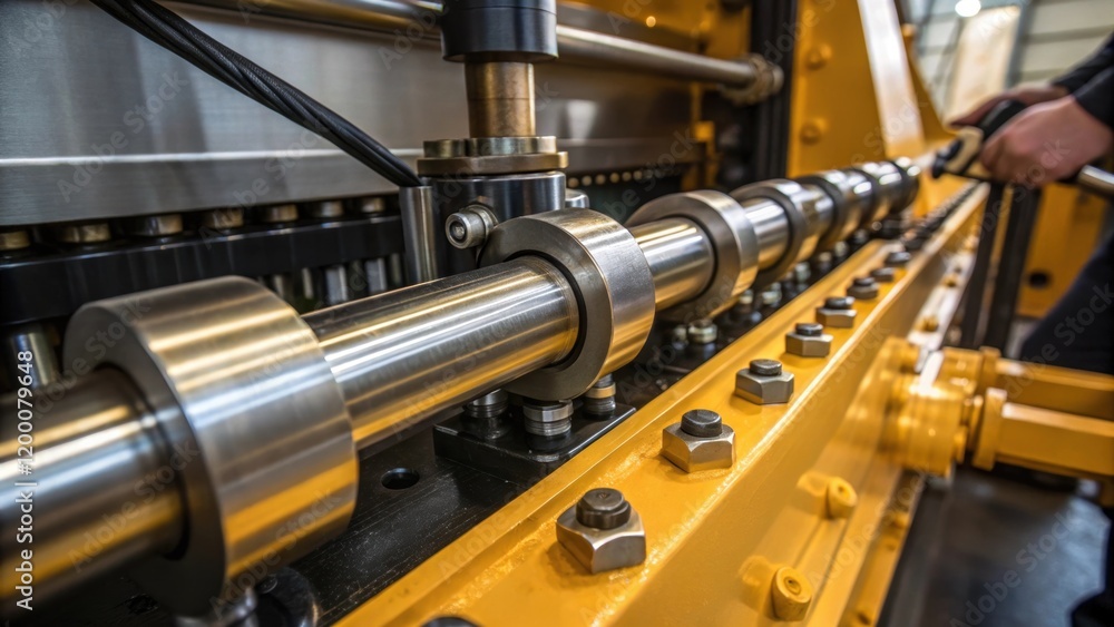 Poster A closeup of heavy machinerys hydraulic system gleaming metal components at work as the operator uses a lever to position the wall panels into place.