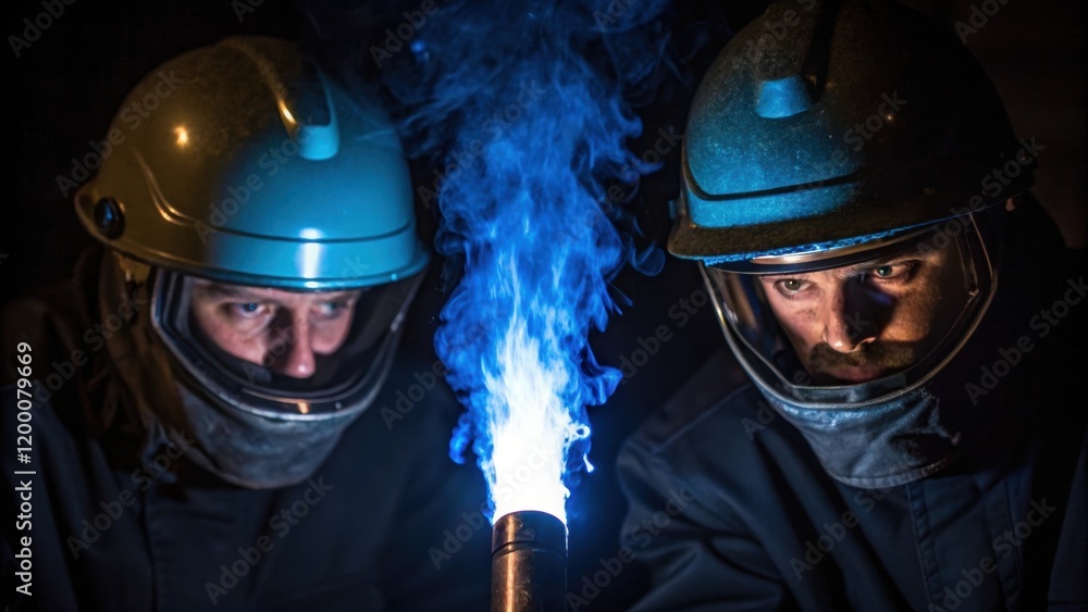 Poster a closeup of intense blue flames emerging from a welding torch illuminating the surrounding darkness