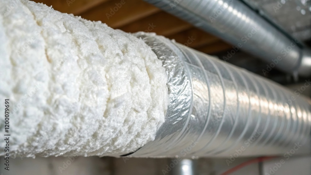 Poster A closeup of insulation material being applied around ductwork focusing on the texture of the material and the precision needed to ensure energy efficiency.